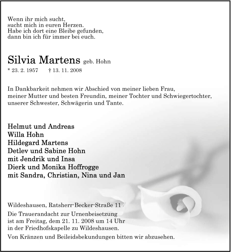  Traueranzeige für Silvia Martens vom 17.11.2008 aus KREISZEITUNG SYKE