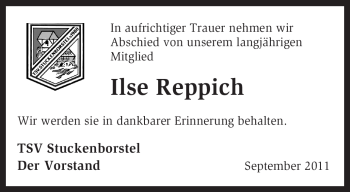 Traueranzeige von Ilse Reppich von KREISZEITUNG SYKE