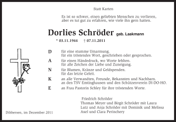 Traueranzeige von Dorlies Schröder von KREISZEITUNG SYKE