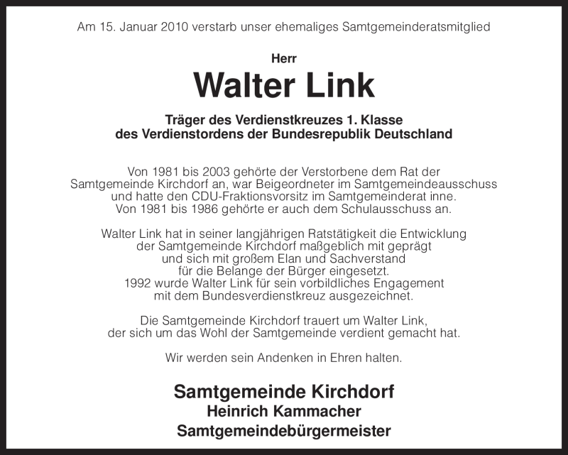  Traueranzeige für Walter Link vom 20.01.2010 aus KREISZEITUNG SYKE