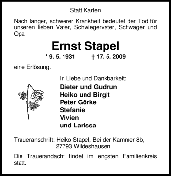 Traueranzeige von Ernst Stapel 