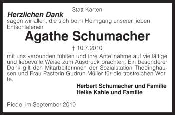 Traueranzeige von Agathe Schumacher von KREISZEITUNG SYKE