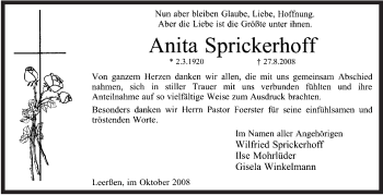 Traueranzeige von Anita Sprickerhoff von KREISZEITUNG SYKE