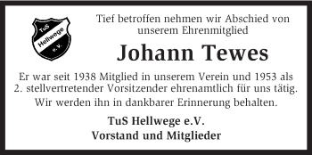 Traueranzeige von Johann Tewes von KRZ