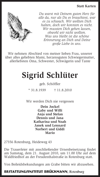 Traueranzeige von Sigrid Schlüter von KREISZEITUNG SYKE