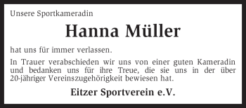 Traueranzeige von Hanna Müller von KREISZEITUNG SYKE