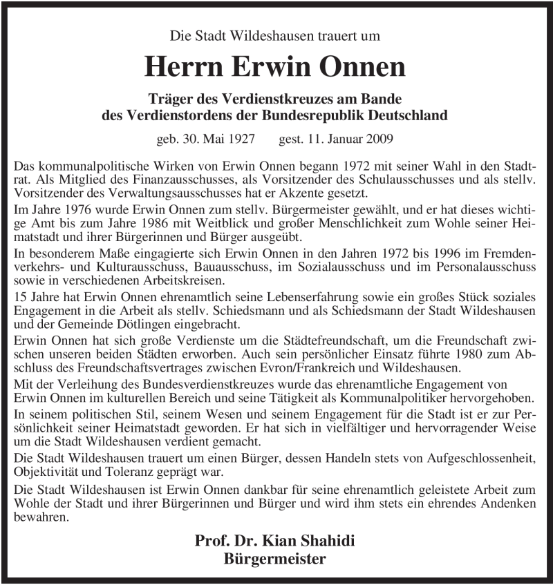  Traueranzeige für Erwin Onnen vom 14.01.2009 aus KREISZEITUNG SYKE