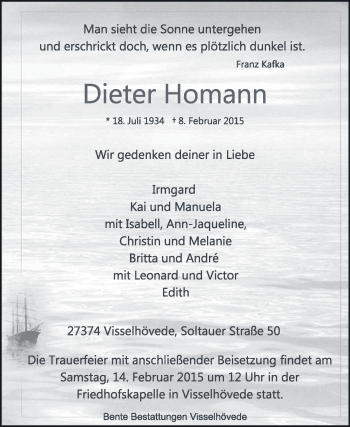 Traueranzeige von Dieter Homann von KRZ