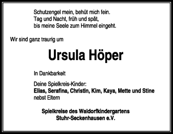 Traueranzeige von Ursula Höper von KREISZEITUNG SYKE