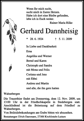 Traueranzeige von Gerhard Dannheisig von KREISZEITUNG SYKE