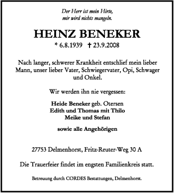 Traueranzeige von Heinz Beneker von KREISZEITUNG SYKE