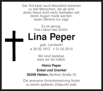 Traueranzeige von Lina Peper von KREISZEITUNG SYKE