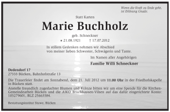 Traueranzeige von Marie Buchholz von KREISZEITUNG SYKE