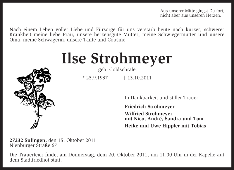  Traueranzeige für Ilse Strohmeyer vom 17.10.2011 aus KREISZEITUNG SYKE