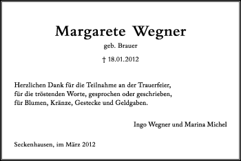 Traueranzeige von Margarete Wegner von KREISZEITUNG SYKE