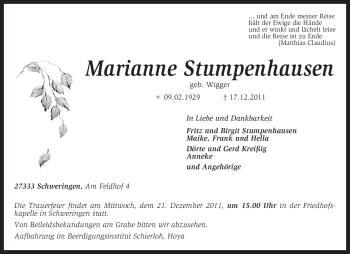 Traueranzeige von Marianne Stumpenhausen von KREISZEITUNG SYKE