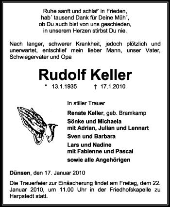 Traueranzeige von Rudolf Keller von KREISZEITUNG SYKE