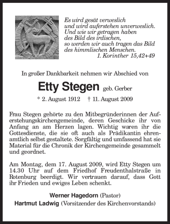 Traueranzeige von Etty Stegen von KREISZEITUNG SYKE