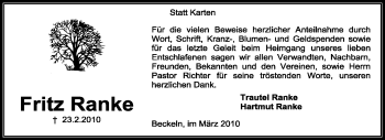 Traueranzeige von Fritz Ranke von KREISZEITUNG SYKE