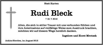 Traueranzeige von Rudi Bleck von KREISZEITUNG SYKE