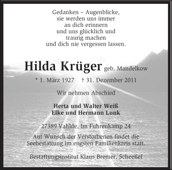 Traueranzeige von Hilda Krüger von KREISZEITUNG SYKE