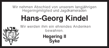 Traueranzeige von Hans-Georg Kindel von KREISZEITUNG SYKE