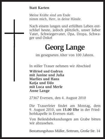 Traueranzeige von Georg Lange von KREISZEITUNG SYKE