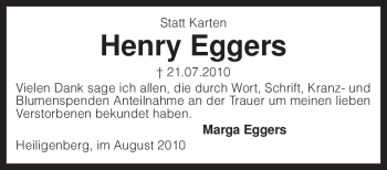 Traueranzeige von Henry Eggers von KREISZEITUNG SYKE