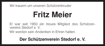 Traueranzeige von Fritz Meier von KREISZEITUNG SYKE