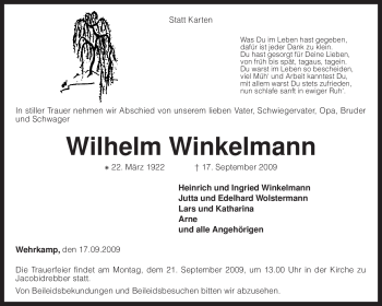 Traueranzeige von Wilhelm Winkelmann von KREISZEITUNG SYKE