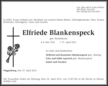 Traueranzeige von Elfriede Blankenspeck von KREISZEITUNG SYKE