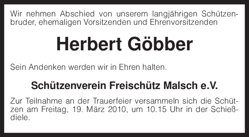  Traueranzeige für Herbert Göbber vom 16.03.2010 aus KREISZEITUNG SYKE