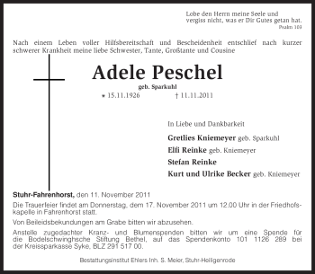 Traueranzeige von Adele Peschel von KREISZEITUNG SYKE