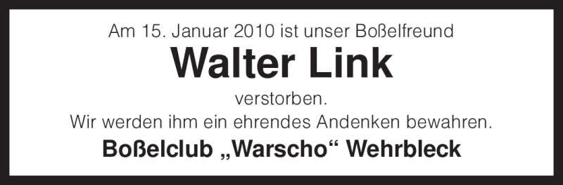  Traueranzeige für Walter Link vom 21.01.2010 aus KREISZEITUNG SYKE