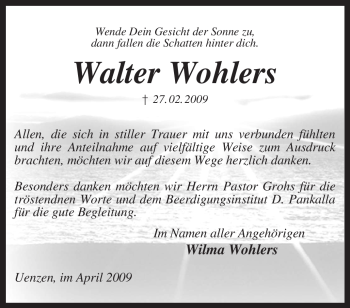 Traueranzeige von Walter Wohlers von KREISZEITUNG SYKE
