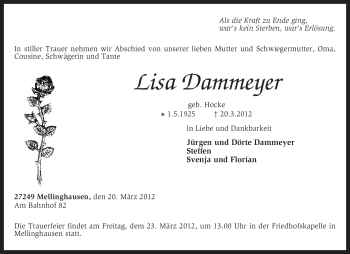 Traueranzeige von Lisa Dammeyer von KREISZEITUNG SYKE