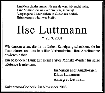 Traueranzeige von Ilse Luttmann von KREISZEITUNG SYKE