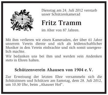 Traueranzeige von Fritz Tramm von KREISZEITUNG SYKE