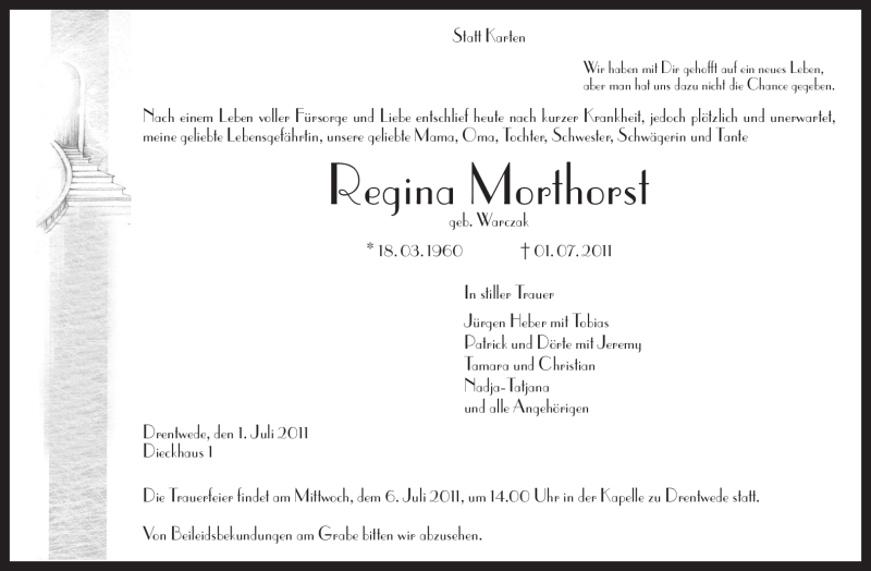  Traueranzeige für Regina Morthorst vom 04.07.2011 aus KREISZEITUNG SYKE