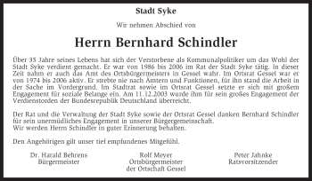 Traueranzeige von Bernhard Schindler von KREISZEITUNG SYKE