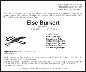 Traueranzeige von Else Burkert von KREISZEITUNG SYKE