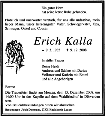 Traueranzeige von Erich Kalla von KREISZEITUNG SYKE