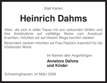 Traueranzeige von Heinrich Dahms von KREISZEITUNG SYKE