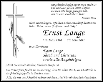 Traueranzeige von Ernst Lange von KREISZEITUNG SYKE