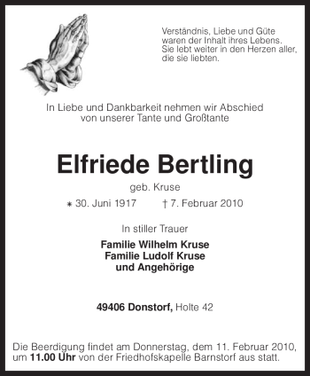 Traueranzeige von Elfriede Bertling von KREISZEITUNG SYKE