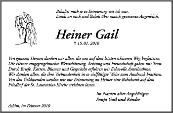 Traueranzeige von Heiner Gail von KREISZEITUNG SYKE