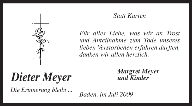  Traueranzeige für Dieter Meyer vom 18.07.2009 aus KREISZEITUNG SYKE