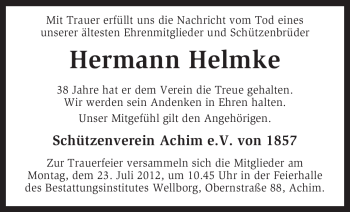 Traueranzeige von Hermann Helmke von KREISZEITUNG SYKE