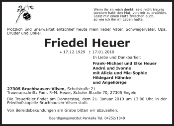 Traueranzeige von Friedel Heuer von KREISZEITUNG SYKE