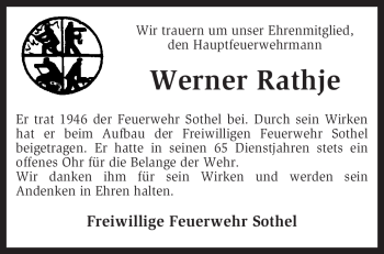 Traueranzeige von Werner Rathje von KREISZEITUNG SYKE